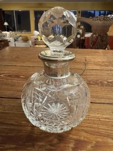 Antique American Brilliant Cut Crystal & Sterling Collar Perfume Cologne Bottle