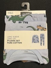 BNWT BOYS M&S LONG SLEEVE / TROUSERS SKATEBOARDING DINOSAURS PYJAMAS - 3-4 YEARS