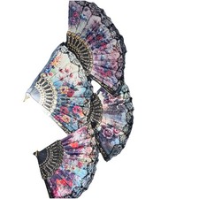 Victorian Floral Lace Trim Folding Hand Fans Set of 3 Black Multicolor