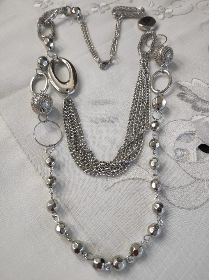 Collana lunga  catena catenine alluminio  perline colore argento CB/108 - Immagine 3 di 3