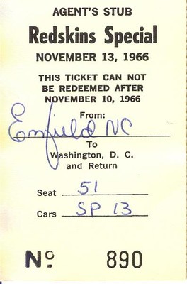 1966 Washington Redskins special excursion train ticket- Enfield, NC