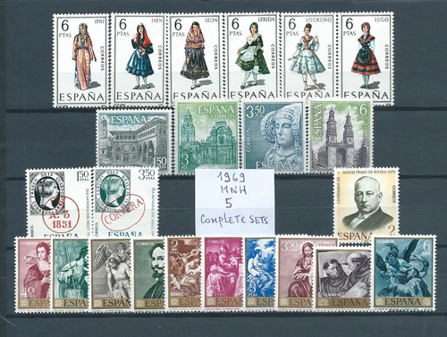 2 ) SPAIN 1969 : ALBUM PAGE WITH 5 COMPLETE SETS STAMPS MNH - THEMATIC