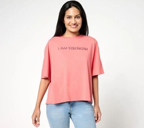 Fashion Women's Top Sz M Boheme Sueded Cotton Graphic Tee Embroidery Pink