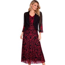 Nightingales Size 16 Black Red Embroidered Dress & Jacket Occasion Wear