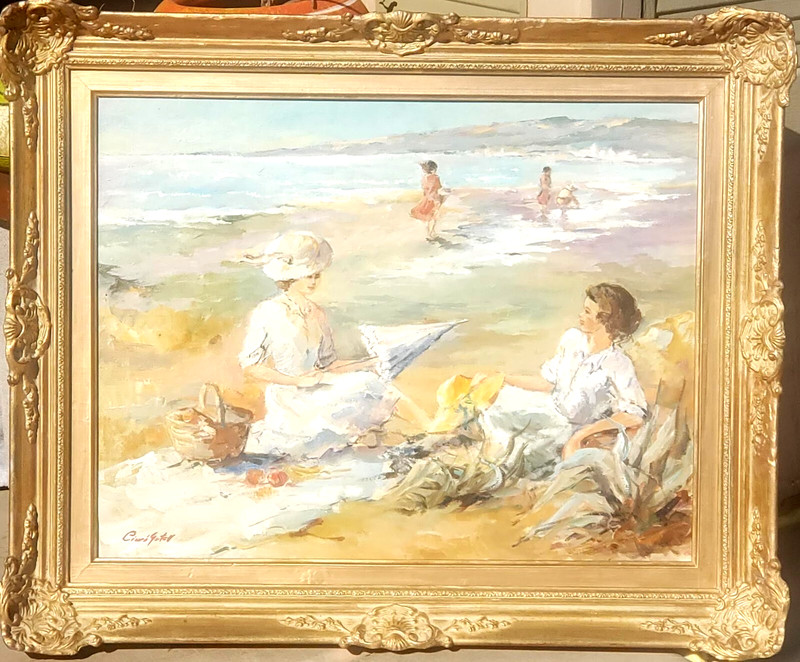 Beach Seascape Pretty Ladies Original Oil Painting Listed Spanish Ciuró Gatell 