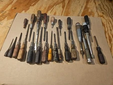 Lot Of Wooden Handle Screwdrivers, Vintage Hand Drills