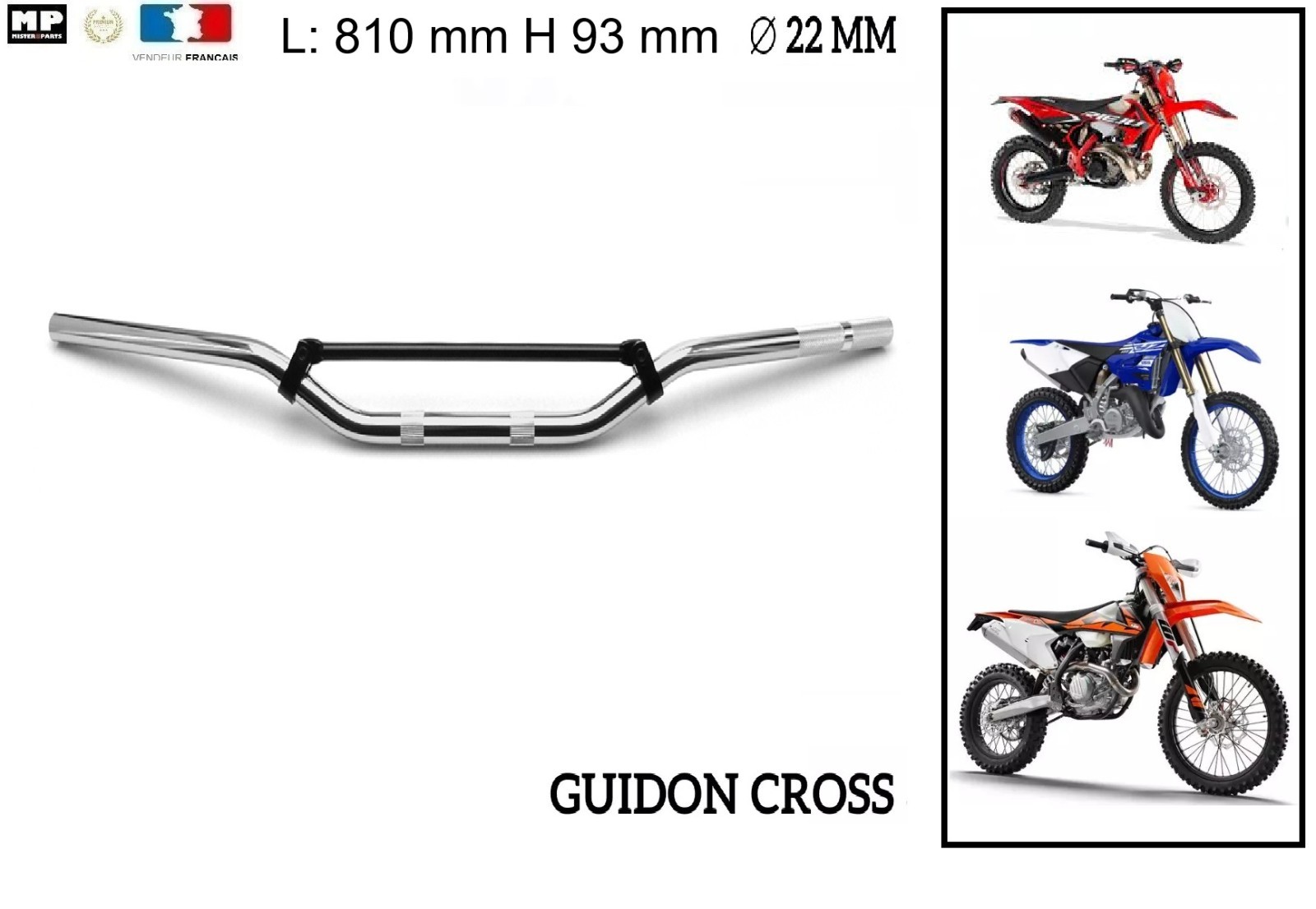 Guidon moto cross cyclo enduro 50cc 125cc 250cc chrome diam 22mm