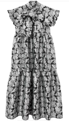 Brandneu SISTER JANE Silber Blumen Jacquard Satin Midikleid Gr XS UK 6-8