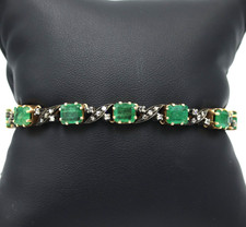 Bracciale antico smeraldi naturali e rosette di diamanti in oro 18K e argento