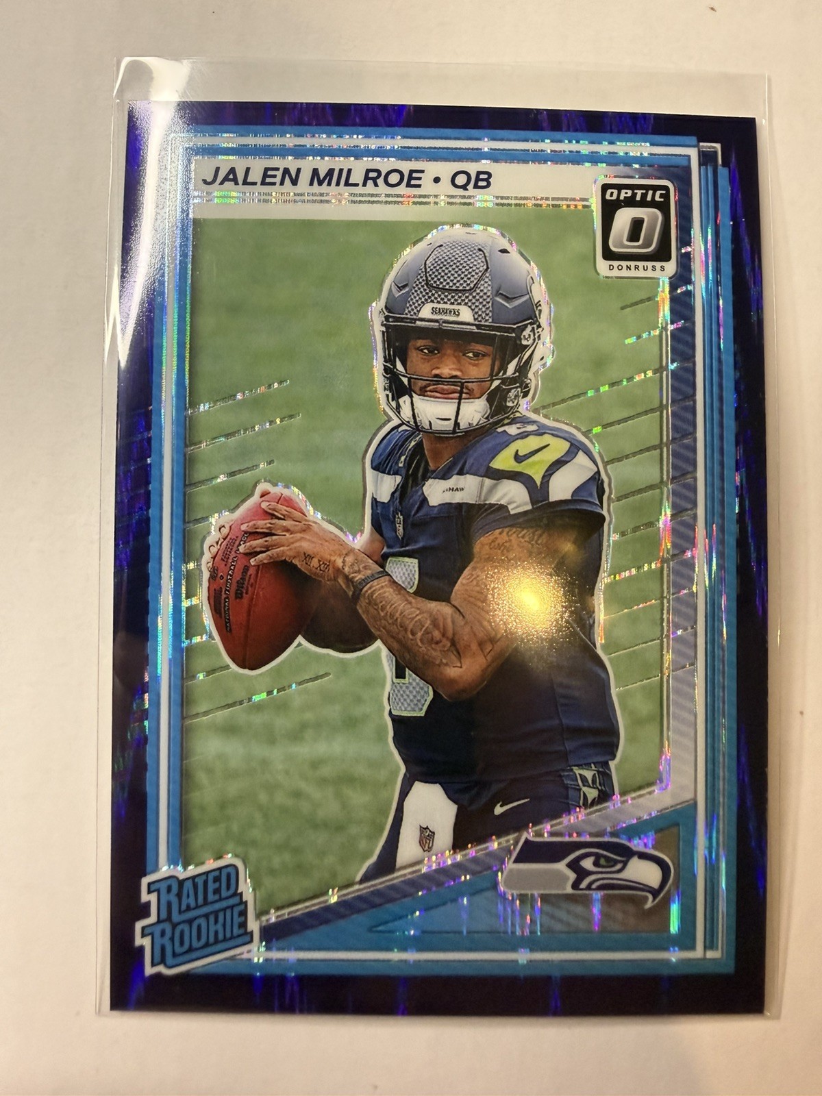2025 Optic Jalen Milroe Purple Shock Prizm Rated Rookie Card 253 Seahawks RC
