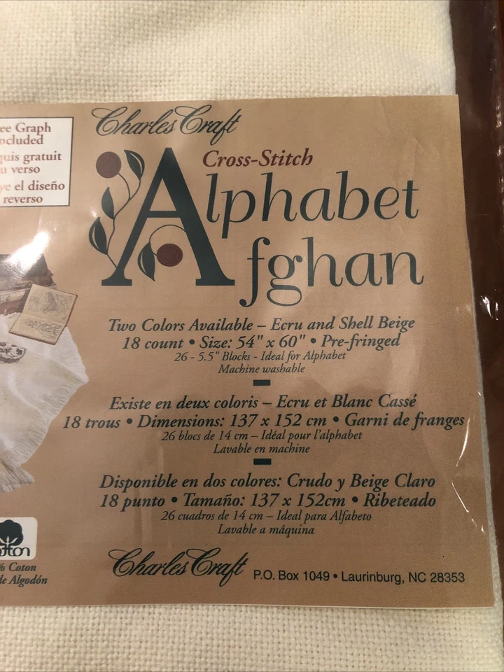 Charles Craft Cross Stitch Alphabet Afghan Ecru New - Image 2 of 4