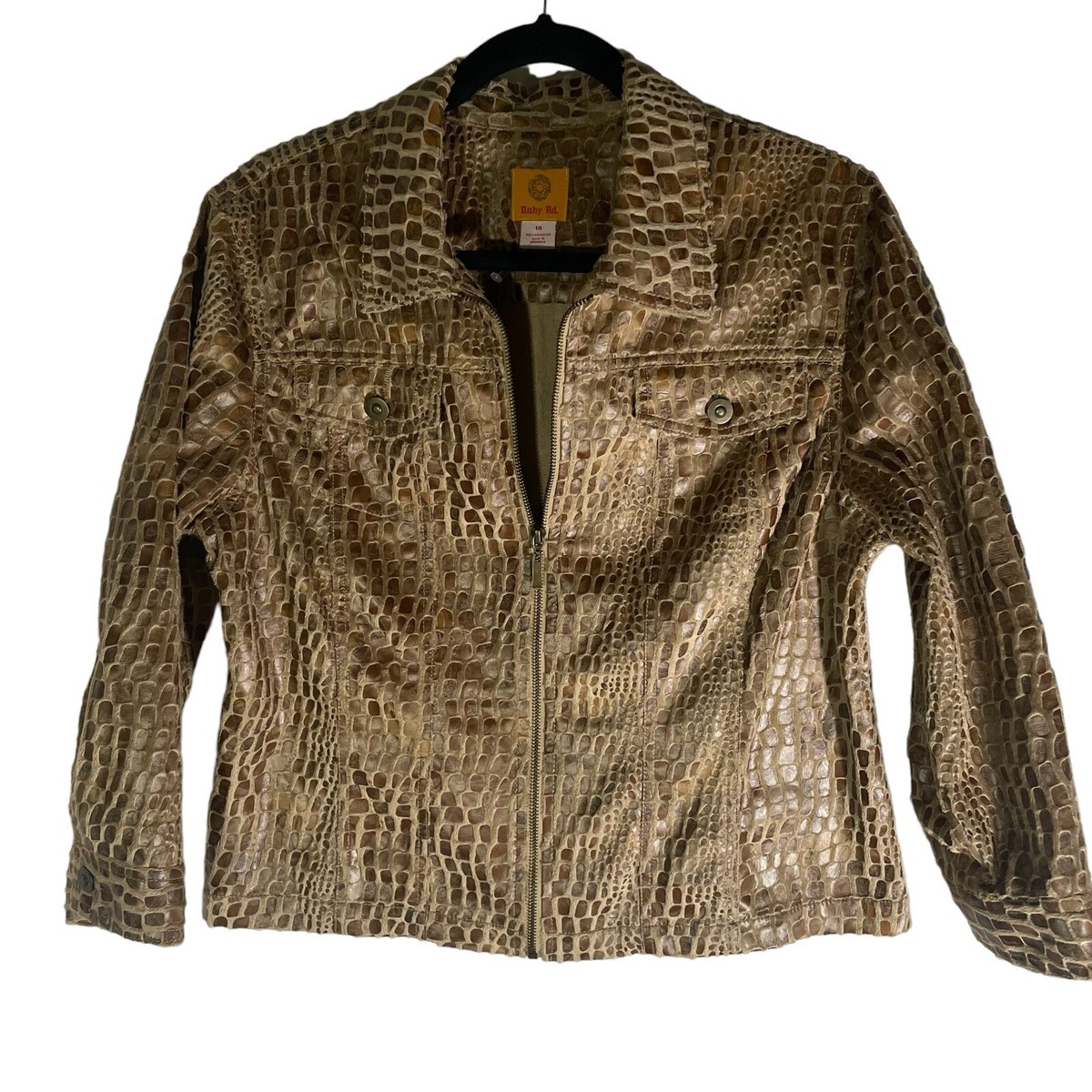 Ruby Rd Animal Print Jacket Women's Sz 14 Textured Fabric Full Zip