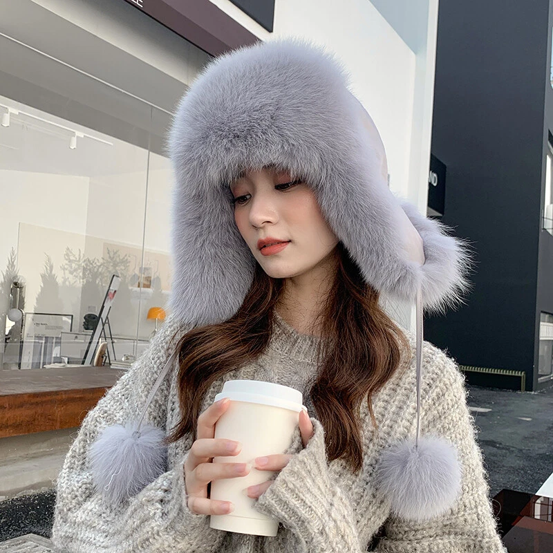 Womens Real Fox Fur Hat Russian Ushanka Hats Winter Warm Aviator Trapper Ski Cap