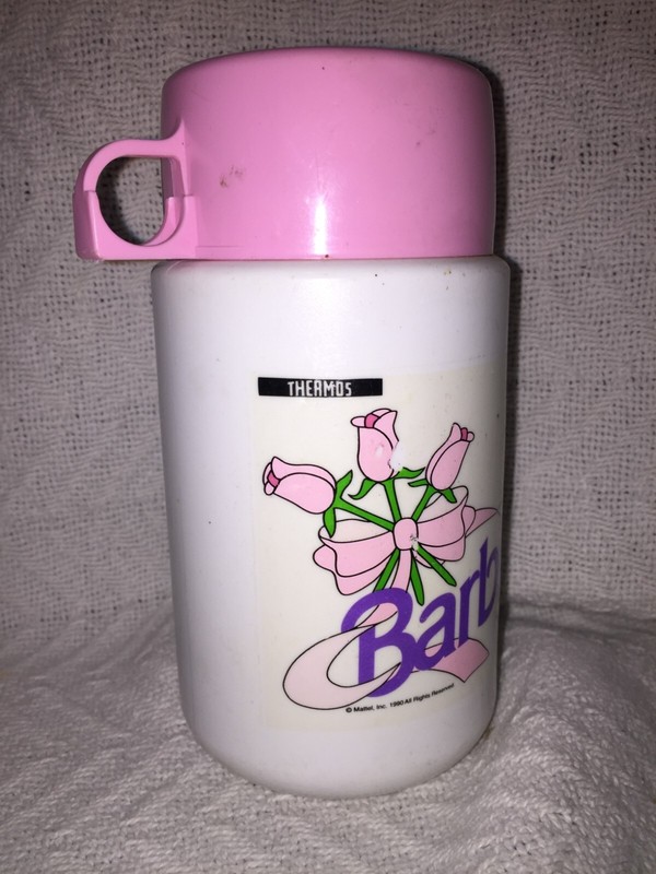1990 MATTEL BARBIE Pink Rose Bouquet 8 oz PLASTIC THERMOS with Stopper and Cup