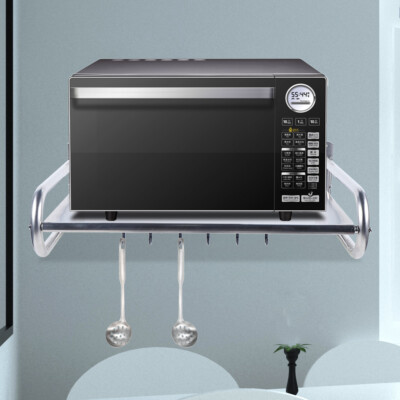 Wall-Mounted Microwave Oven Rack Stainless Steel Kitchen Shelf with 6* Hooks