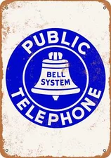 METAL SIGN - Bell System Public Telephone White Blue - Vintage Look
