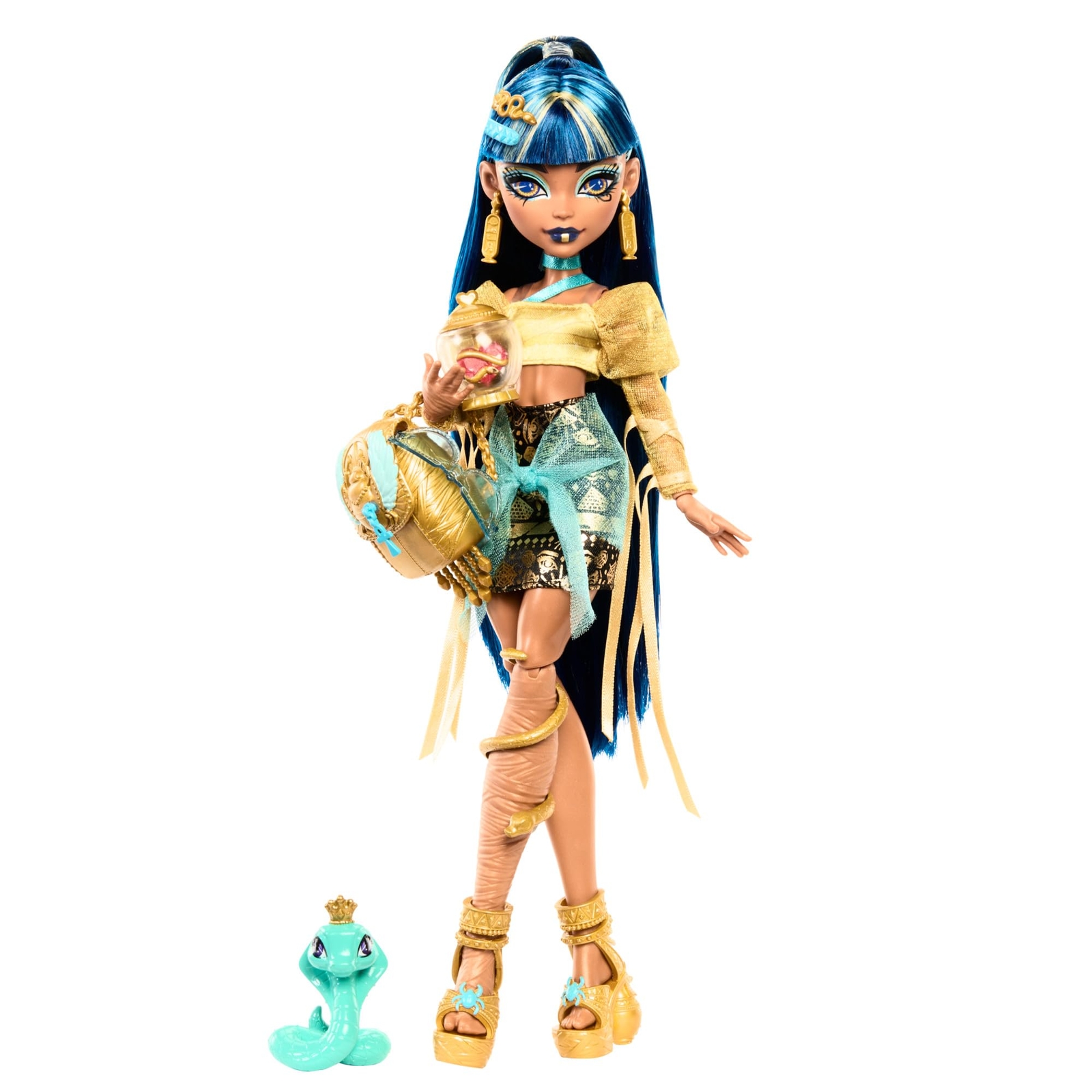 Monster High - Cleo de Nile, bambola con camicetta dorata e gonna a strati, cucc