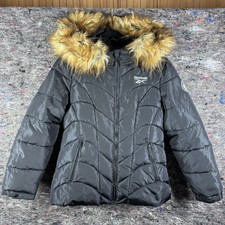Reebok Womens Jacket Large Puffer Faux Fur Removeable Hood Quilted Coat Black