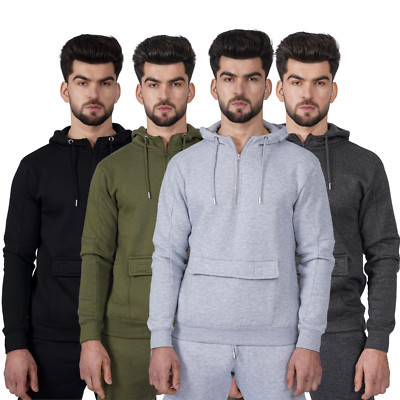 Herren Hoodie 1/4 Zip Pullover Fleece Quarter Zip Pulli Oberteil mit Beuteltasche 2374