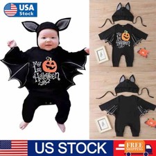 Halloween Baby Toddler Boys Girls Cosplay Bat Costume Romper Hat Outfits Set