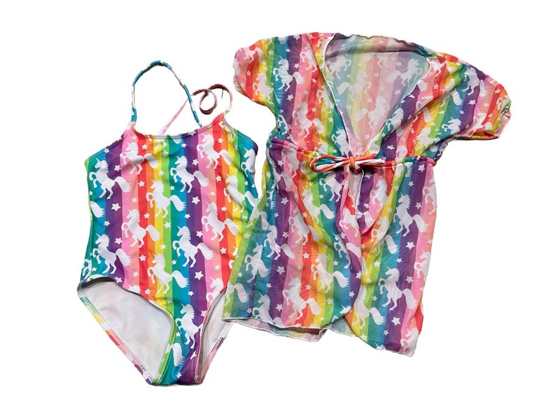 Toddler Girls Size 4 One Piece Bathing Suit with Unicorn Coverup 3T 4T