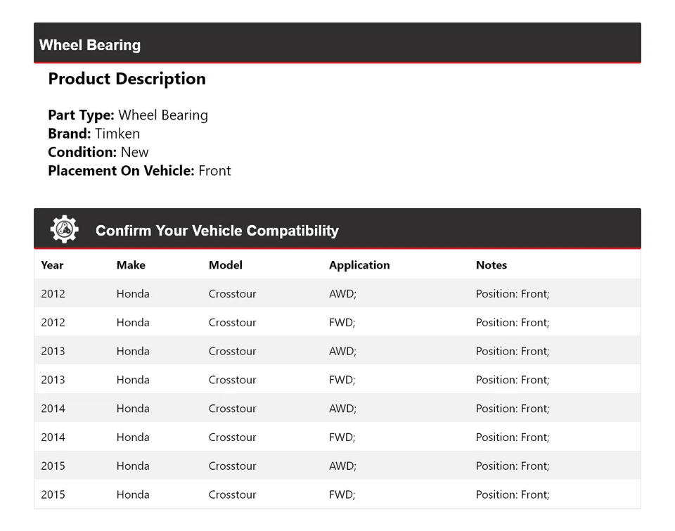 Передний подшипник колеса для Honda Crosstour 2012-2015 годов выпуска Timken 2013 2014 годов выпуска - Изображение 2 из 4