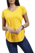 Womens Ladies Plain V Neck Curved Hem Turn Up Short Sleeve Jersey T Shirt Top