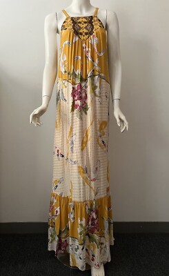 One September Yellow Paradiso Gold Koi Embroidery Ruffle Rayon Maxi Dress S