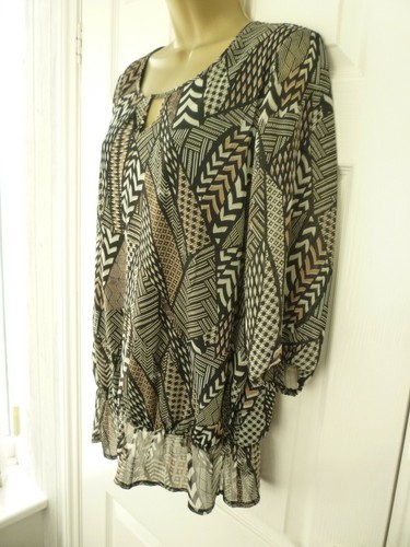 BM CASUAL Ladies Size 12 Black Brown Geometric 3/4 Sleeve Peplum Blouse Top NEW - Picture 3 of 10