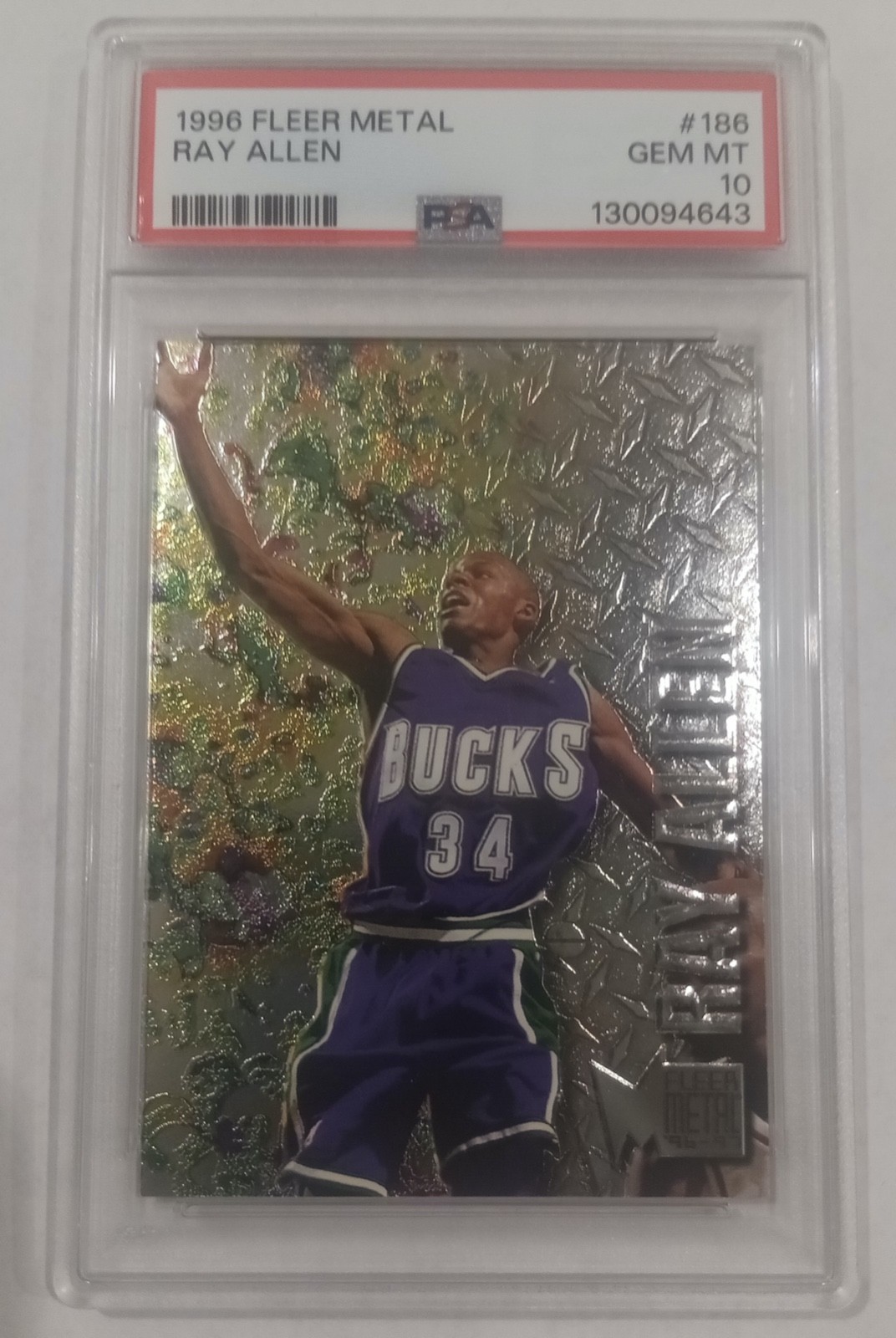 PSA 10 RAY ALLEN ROOKIE RC 1996 FLEER METAL #186 SHARP FOIL GEM MINT BUCKS HOF view 1