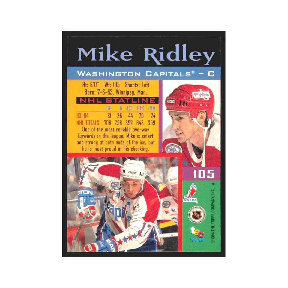 1994 Stadium Club Mike Ridley Washington Capitals #105 - Image 2 of 3