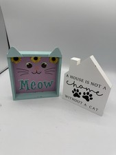 Cat Decor Sign Set Meow   A House Is Not A Home Without A Cat  Wood Blocks