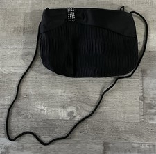 Vintage Elka Black Satin Pleated Evening Bag Rhinestone Accent Clutch Purse