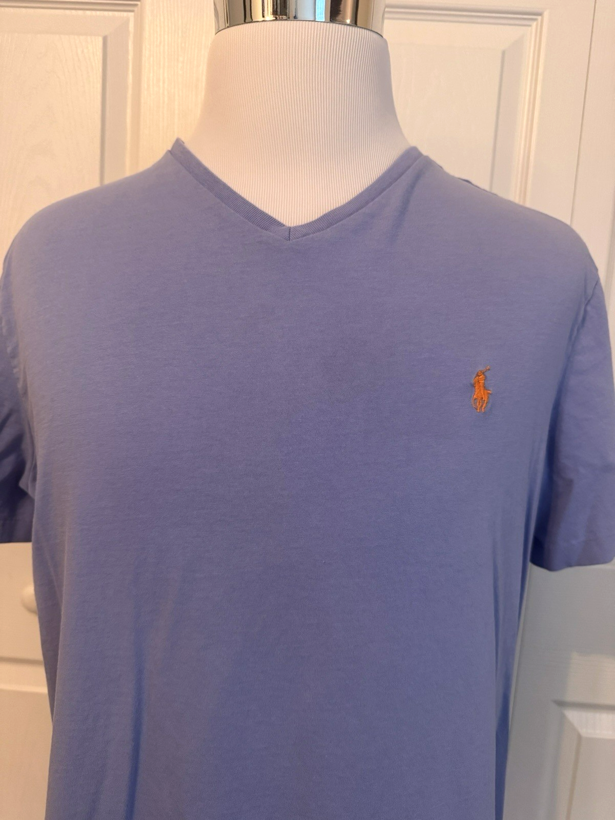 PONY Polo Ralph Lauren maglietta uomo manica corta scollo a V XL blu con frangia arancione