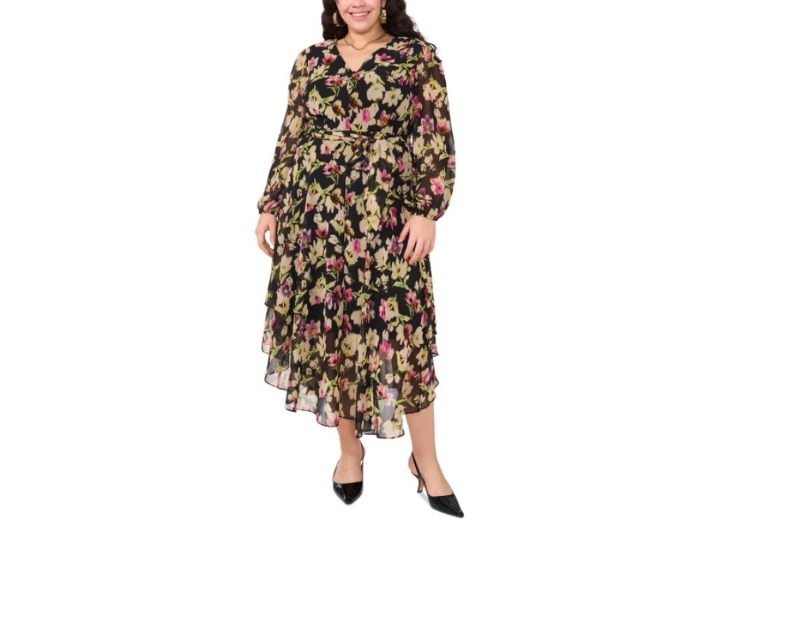 vince camuto plus size maxi dress Vince Camuto Plus Size Floral-Print Belted Maxi Dress - Rich Black SZ: 1X