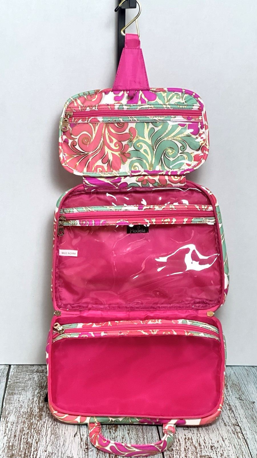 Modella Hanging Cosmetic Makeup Bag Pink & Teal Swirl Pattern Travel Organizer