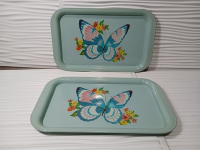 Vintage Set of Tin/Metal Light Blue Rectangle Tray Butterfly & Flowers 1950s
