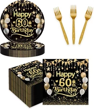 75pcs 60th Birthday Party Tableware Set, Black Gold Adult Happy Birthday 25X7...