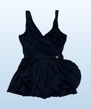 VTG Roxanne Sz 10/32B One Piece Solid Swimsuit Modest Skirt Blk Gold Belt Detail