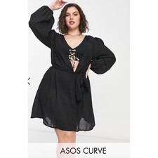 NWOT ASOS DESIGN Curve Chiffon Belted Beach Kimono Black Sheer Cover-Up Sz 14