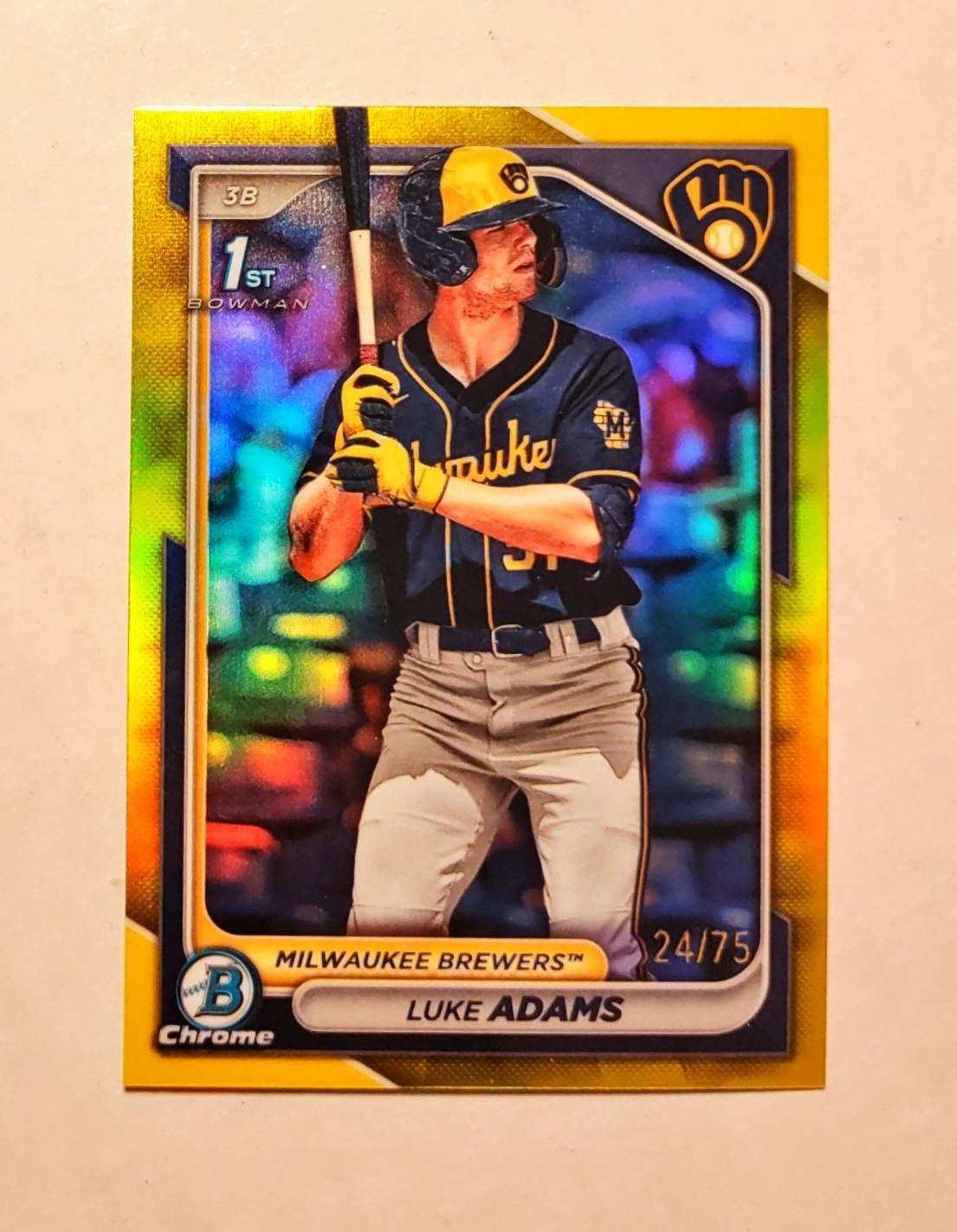 Luke Adams 2024 1st Bowman Chrome YELLOW REFRACTOR 24/75 Brewers #BCP-50 RC U6