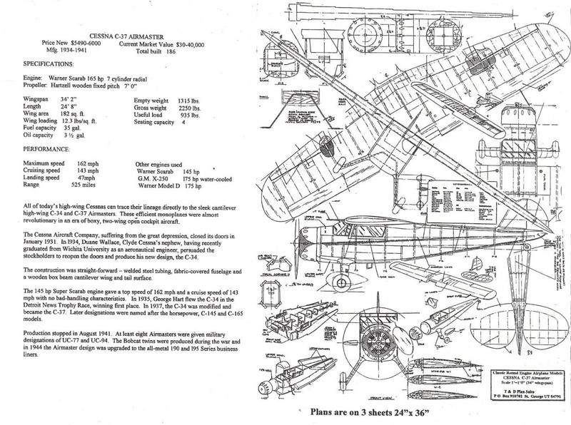 1/12 Scale Cessna Air master (34")  RC  Plans,Templates and Instructions