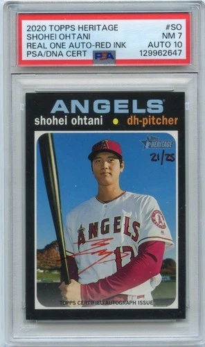 2020 Topps Heritage #SO Shohei Ohtani Real One Auto Red Ink /25 PSA 7 AUTO 10
