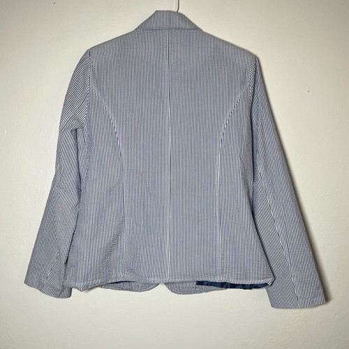 Joni B Blazer Jacket Women Size Medium Blue White Striped Seersucker Long Sleeve - Picture 7 of 10
