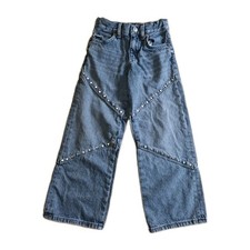 Zara Girl's Studded Rivets Wide Leg Baggy Jeans Adjustable Waist Size 8-9 131cm