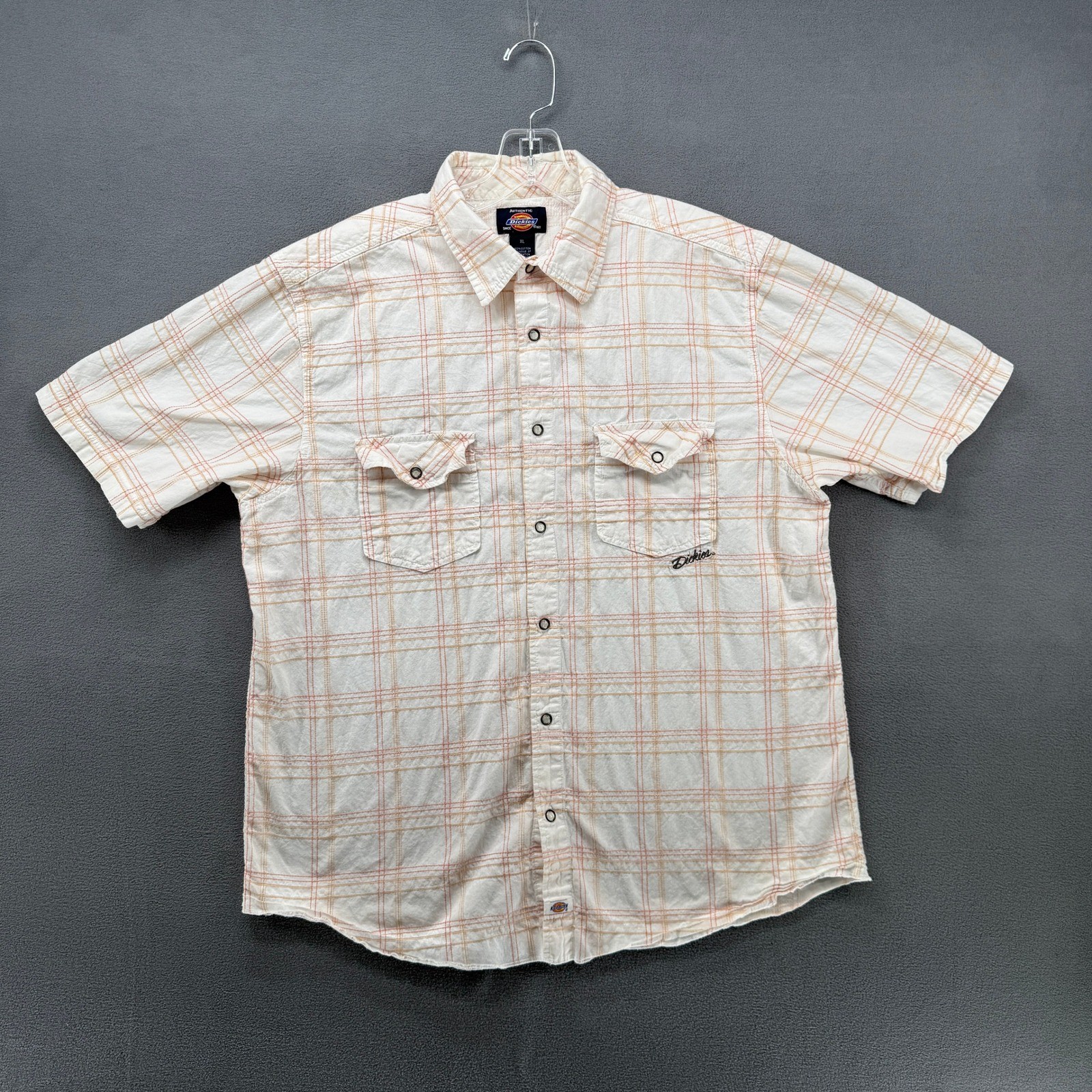 Dickies Mens XL Plaid Short Sleeve Pearl Snap Shirt White Casual Workwear