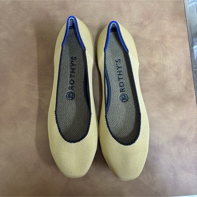 Rothy's Tan with Black/ Blue Contrast Trim Textile Ballet Flat Shoe Comfort Sz 9