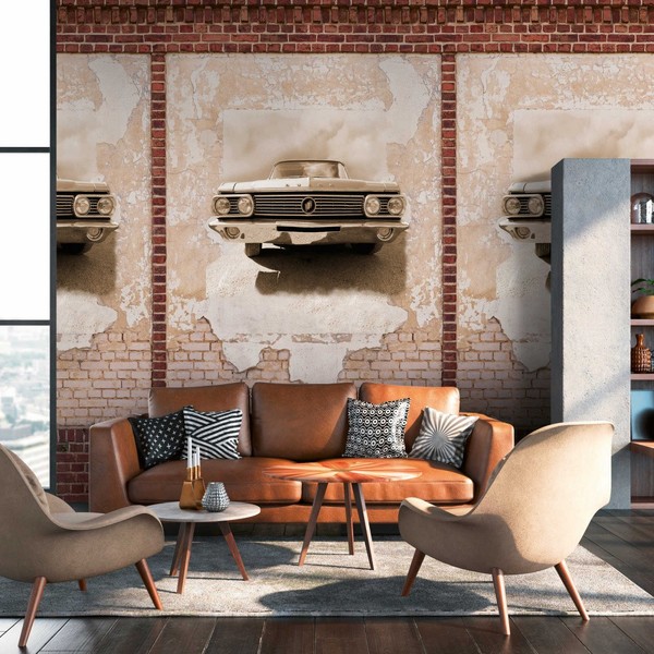 Tapete Im Steinoptik Look Mit Automotiv Im Vintage Stil – Braun, Beige, Rot-image