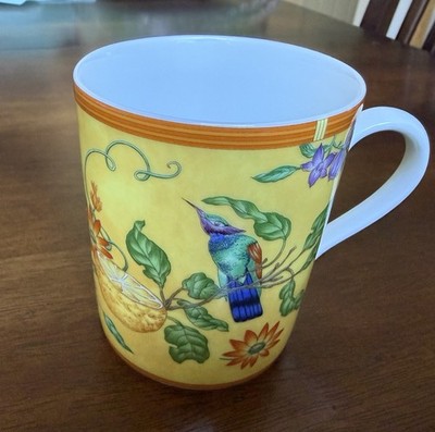 Hermes La Siesta Mug Cup Porcelain France Bird Floral Yellow Coffee Tea