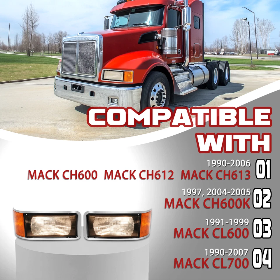 Headlights W/LED Bulbs For Mack CH600 CL600 CH612 CL700 CH613 1990-2007 Truck Foto 2 de 4